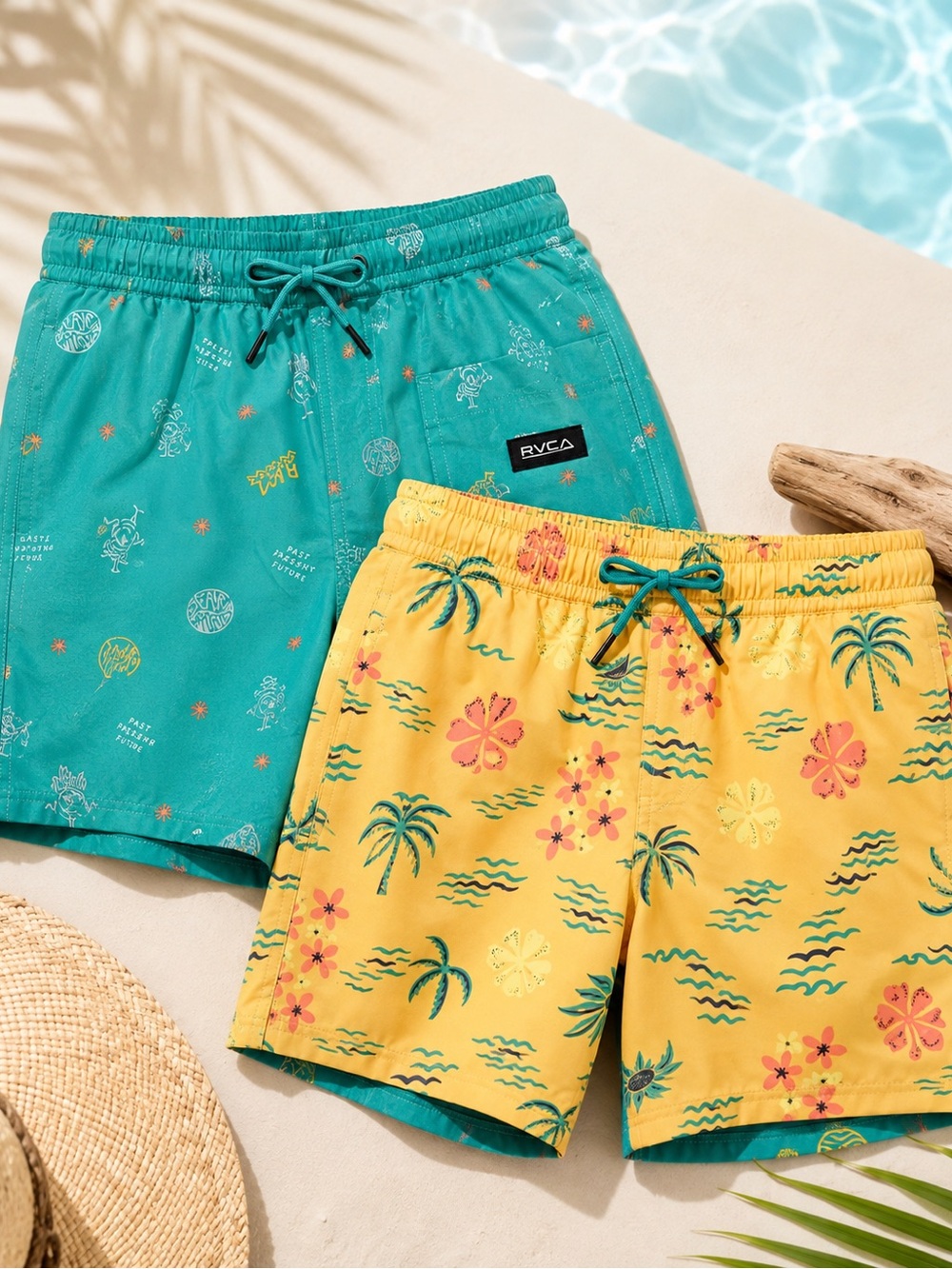 RVCA Teal & Yellow Tropical Print Hybrid Shorts set new with tags